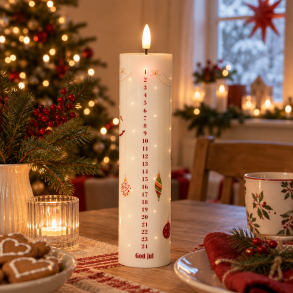 Hyggeligt kalenderlys med varm LED-Flamme, timer og fjernbetjening - �5xH20 cm - Ideelt til dig der ikke vil have usund sod fra stearinlys!