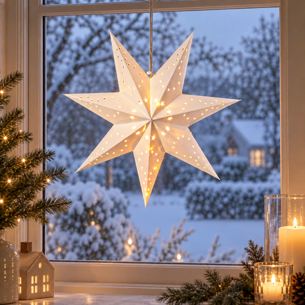 Elegant �40 cm papirstjerne med 10 varme LED-lys og batteriboks - F�s i flere farver