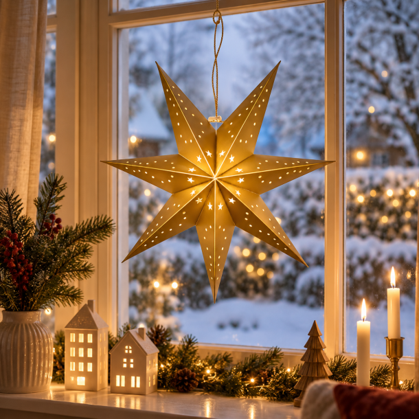 Stemningsfuld papirstjerne i guld med 10 LED-lys - Batteridrevet og ledningsfri - F�s i flere st�rrelser