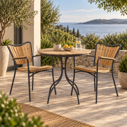 Hyggeliget Ella caf�s�t - �80 cm Goldteak bord med 2 antracit stabelstole