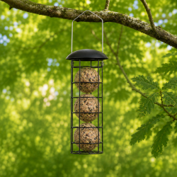 Elegant fuglefoderhus i carbonst�l med oph�ng med nem p�fyldning og velegnet til brug �ret rundt - V�lg mellem til fr�, n�dder eller mejsebolde
