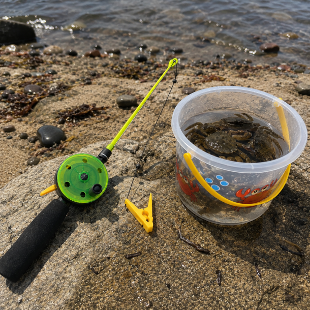 B�rnevenlig krabbefiskestang - Kompakt minifiskestang med smart klemme til madding - Ideel til hyggelige dage ved stranden