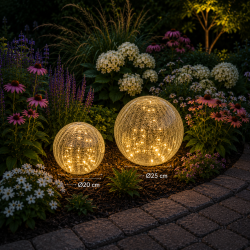 Solcelle kugle med spyd i krakeleret glas med solcellepanel - 20 LED-lys - F�s i flere st�rrelser