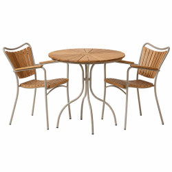 Ella caf�s�t med elegant �80 cm caf�bord og 2 stabelbare havestole i sandfarvet aluminium og gold teak - Perfekt til altanen eller mindre terrasser