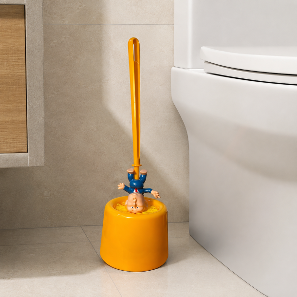 Humoristisk Donald Trump toiletb�rste med holder i slidst�rkt plast i orange design - H37 x �12,7 cm