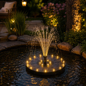 Solcellespringvand med 24 LED-lys - Automatisk t�nd/sluk - 7 forskellige spr�jtem�nstre - �20 cm