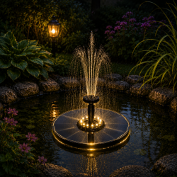 Solcellespringvand med 12 LED-lys - Automatisk t�nd/sluk - 7 forskellige spr�jtem�nstre - �16 cm