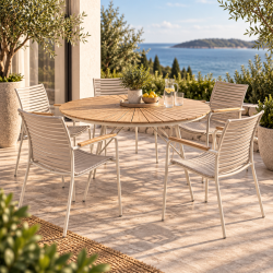 Eksklusivt Parma haves�t � �130 cm teakbord &amp; 5 sandfarvede stabelstole