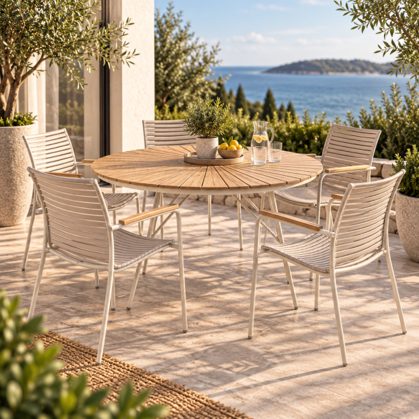 Eksklusivt Parma haves�t � �130 cm teakbord &amp; 5 sandfarvede stabelstole