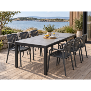 Gry vedligeholdelsesfrit haves�t med udtr�ksbord og 6 stabelbare havestole