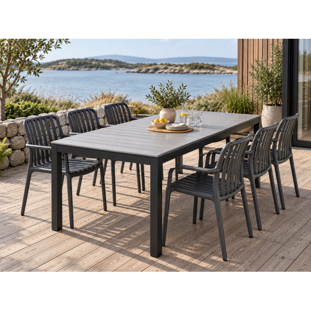 Gry vedligeholdelsesfrit haves�t med udtr�ksbord og 6 stabelbare havestole
