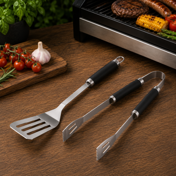 Grills�t i rustfrit st�l � Tang og grillspade med praktiske oph�ngsl�kker