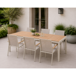 Moderne Fiona havem�bels�t � Havebord 205x90 cm &amp; 6 Stabelstole med Teak-look