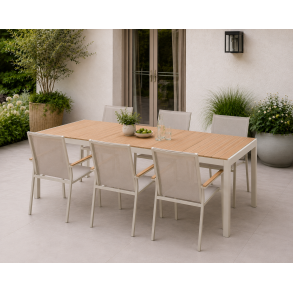 Moderne Fiona havem�bels�t � Havebord 205x90 cm & 6 Stabelstole med Teak-look