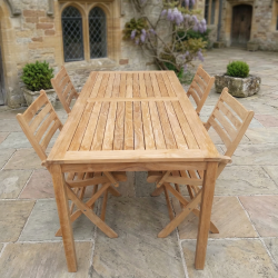 Tr�dg�rdsm�belset Rosenborg / york guld i teak med 4 stycken hopf�llbara stolar med armst�d