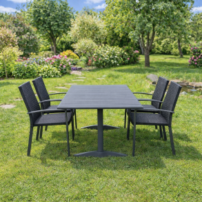 Marina Deluxe Terrasses�t med 4 stk. stabelstole og bord i nonwood/alu  � Hel�rsegnet, Rustfri Ramme & H�j Siddekomfort