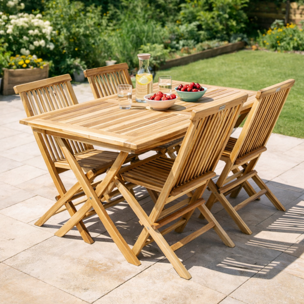 Silver teak s�t til 4-6 pers. inkl. 4 stk. foldestole. Bord har hul til parasol. Model Mondena 