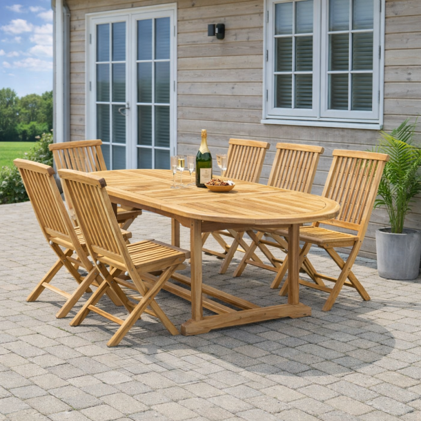 Jakarta familie s�t med udtr�k bord inkl. 6 stk. klapstole uden arml�n. 