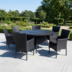 Havem�bels�t i sort polyrattan - Sanna havebordbord med drejeskive �150 cm og 6 Asta havestole med arml�n