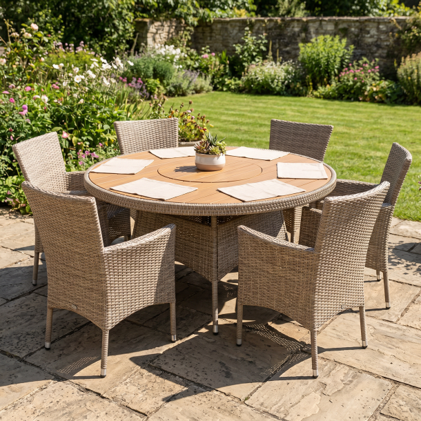 Havem�bels�t i naturfarvet polyrattan med rundt Sanna bord �150 cm og 6 Asta havestole med arml�n