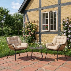 Lava Caf�s�t - Lille bord og 2 stole med sandfarvede all-weather hynder