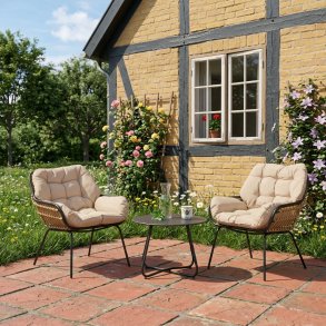 Lava Caf�s�t - Lille bord og 2 stole med sandfarvede all-weather hynder