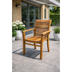 Teaks�t med rundt havebord �: 90cm og stabelstole - alt i sliverteak. Model: Mondena/Lombok