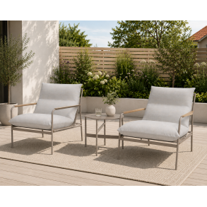 Eksklusivt lounges�t med bord fra ENVY i beige - Komfortable loungestole med All-weather hynder og UV-beskyttet polyrattan. Model Mille