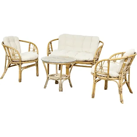 Loungesæt i bambus rattan med bord, sofa og 2 stole. inkl naturfarvet