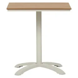Elise caf�s�t - Elegant caf�s�t til 2 personer med sandfarvet caf�bord i aluminium og nonwood samt 2 stabelbare havestole i textilene og teak-look i hvid