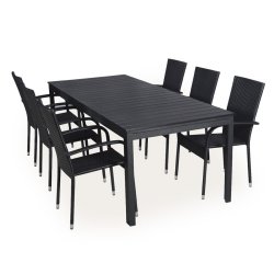 Sort vedligeholdelsesfrit havembelst med udtrksbord med 6 stole
