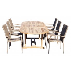 Silver teakst. inkl. 6 stk. UV-stole + Bord med udtrk inkl. parasolhul og plads til 8 pers. 