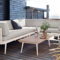 Rio Lounge bord  i alu og gold teak. Str. L: 120x B:60 x H: 30 cm. V�lg farve Gr� el. Sand
