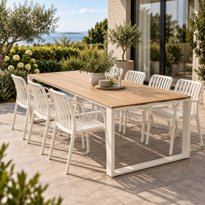 Lily Havem�bels�t i hvid med 6 Stabelbare Vedligeholdelsesfrie Havestole og Rummeligt Havebord til Terrasse og Have