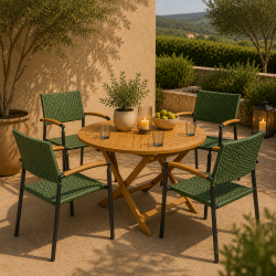 Era Havem�bels�t � Rundt Teakbord �110 cm &amp; 4 Stabelstole i Polyrattan