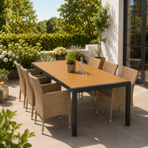 Vedligeholdelsesfrit Lykke Havem�bels�t � Udtr�ksbord i Nonwood 205-275 cm + 6 Asta Stabelstole i Polyrattan