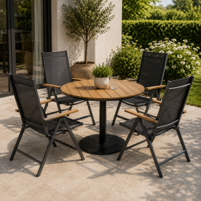 Irene havem�bels�t - Elegant �113 cm rundt havebord i teaklook med 4 positionsstole med justerbar ryg