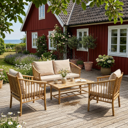 Sesam lounges�t i bambus - Sofa, 2 loungestole og bord, inkl. sandfarvede all-weather hynder