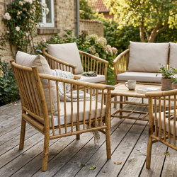Sesam lounges�t i bambus - Sofa, 2 loungestole og bord, inkl. sandfarvede all-weather hynder