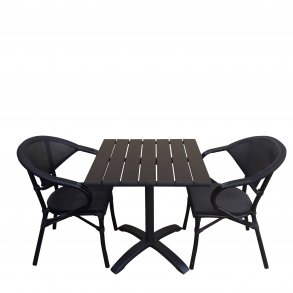 Vedligeholdelsesfrit cafest. Bestende af bord i sort nonwood + 2 stabelstol i brun/bambus look