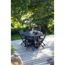 Svartmlat trdgrdsmbelset i mahogny med runt fllbart bord + 4 fllstolar - Modell: Isebella/York