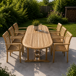 Stora tr�dg�rdsm�bler set i silverteak med ovalt utdragsbord (6 pers) Modell: Bounty / Lombok