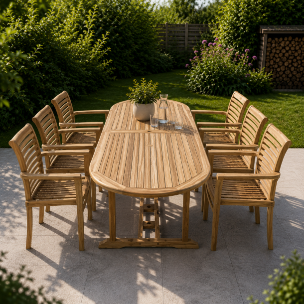 Stora tr�dg�rdsm�bler set i silverteak med ovalt utdragsbord (6 pers) Modell: Bounty / Lombok