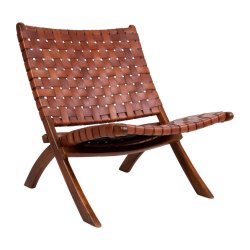 Moderne foldestol i flettet lder med teak ben - Model: Perugia - Vlg farve