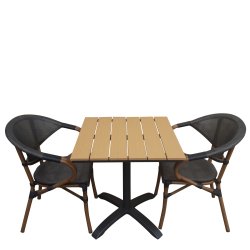 Cafest med to stole og bord i "teak look". str. 70x70 cm. 