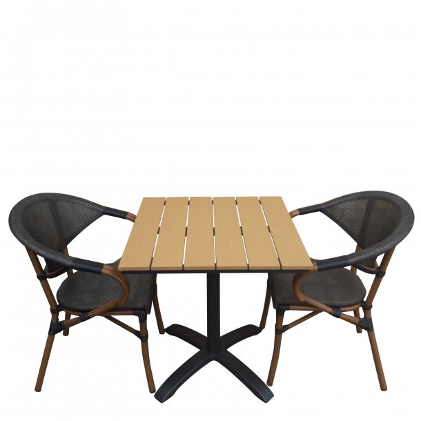 Cafest med to stole og bord i "teak look". str. 70x70 cm. 
