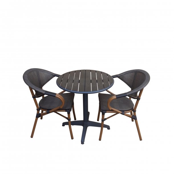 Vedligeholdelsesfrit cafesæt med rundt bord Ø 70 cm og to stole - - Café/ altan -