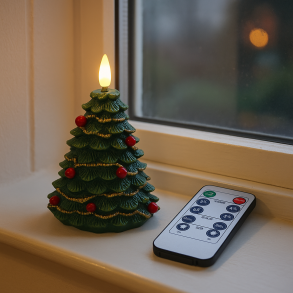 LED vokslys formet som juletr med 3D flamme - H14 cm - Fjernbetjening medflger!